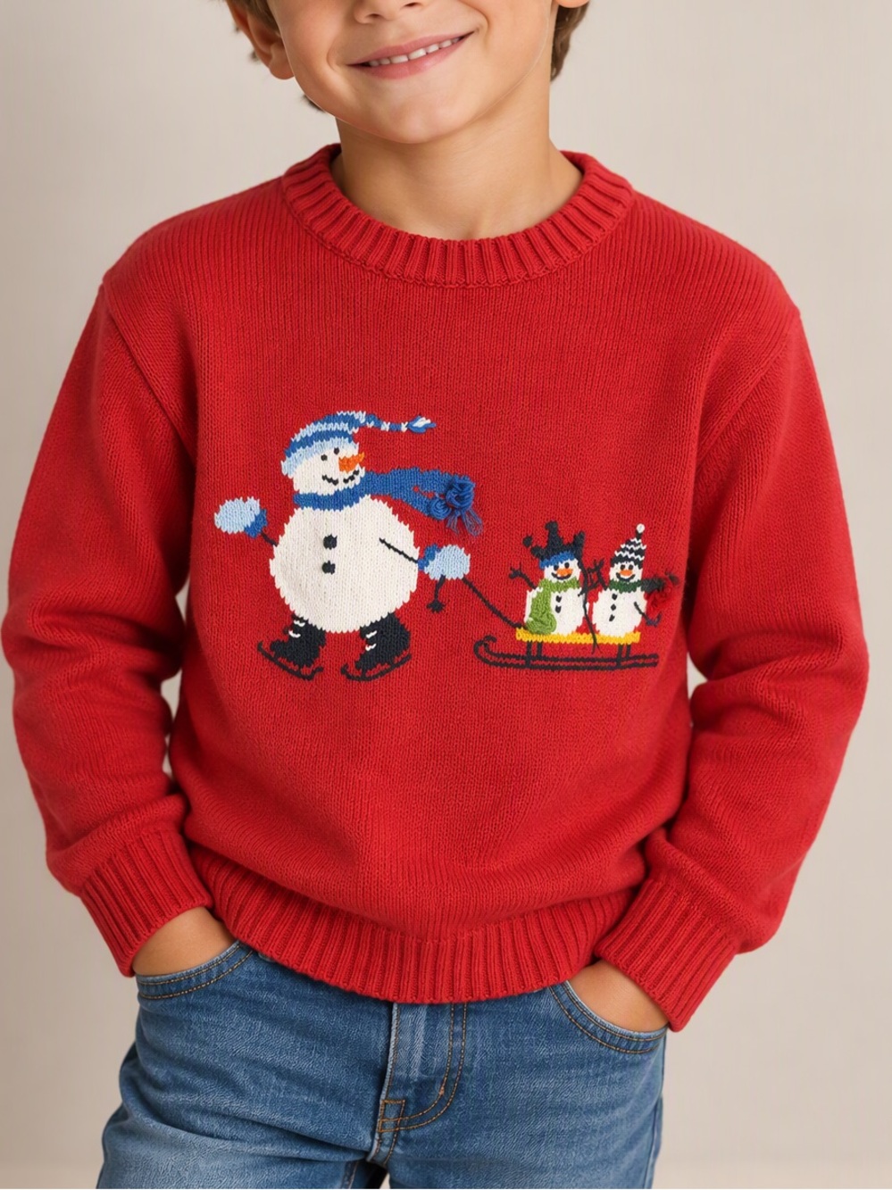Talbots Red Kids Snowman Sweater with Sled Graphic